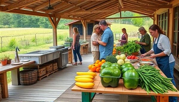 A picturesque farm setting with a rustic outdoor kitchen, fresh produce displayed on wooden tables, and participants engaged in a hands-on cooking class, capturing the essence of farm-to-table cooking experiences and culinary enjoyment in a natural environment.