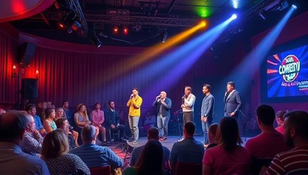 A vibrant comedy club setting with a stage, microphone, and audience seats, featuring comedians delivering punchlines and engaging the crowd in laughter, capturing the lively and entertaining essence of stand-up comedy nights.