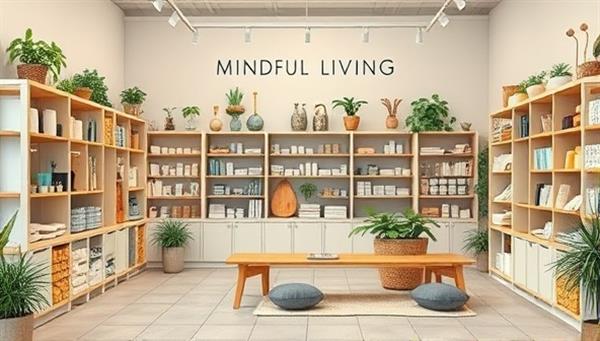 An inviting mindful living store layout with natural elements, calming colors, and a cozy reading nook, showcasing a blend of sustainable products, wellness resources, and mindfulness tools, creating a serene and harmonious atmosphere for mindful shoppers.