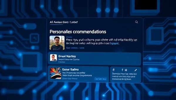 An engaging and futuristic digital interface displaying personalized content recommendations for a user, with AI algorithms symbolized by glowing circuits in the background, showcasing the platform