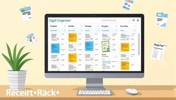 An artistic depiction of a digital receipt organizer interface on a computer screen, with colorful receipt thumbnails, expense categories, and budgeting tools, conveying organization, efficiency, and financial management capabilities of the ReceiptRack Organizer tool.