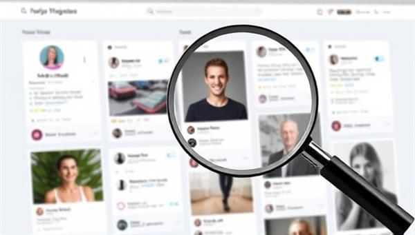 A modern and sleek digital interface displaying various social media profiles with engagement metrics, overlaid with a magnifying glass symbolizing the agency