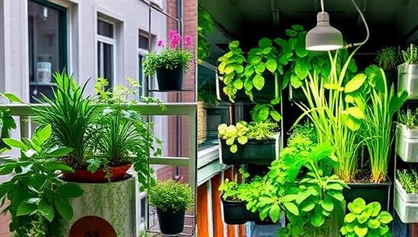 An urban apartment balcony transformed into a lush green oasis with vertical farming kits showcasing a variety of herbs and vegetables thriving under LED grow lights, illustrating a sustainable and modern gardening solution.