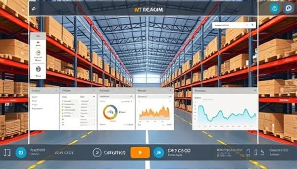 A modern, sleek virtual warehouse interface displaying organized inventory and real-time tracking capabilities.