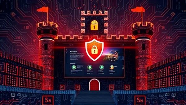 A digital fortress with intricate cybersecurity symbols and shields protecting a modern website design, showcasing the robust security features and protection offered by SecureWebCraft
