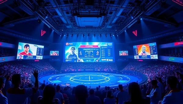 An immersive digital arena filled with futuristic holographic displays showcasing popular gaming characters and odds, surrounded by animated spectators cheering, capturing the excitement and energy of eSports betting.