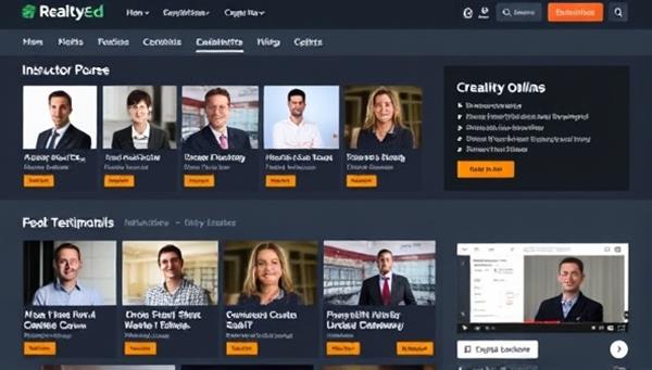 An online learning platform interface featuring a diverse range of real estate courses, instructor profiles, and student testimonials, with interactive quizzes and video lectures, illustrating the engaging and educational experience offered by RealtyEd Online.