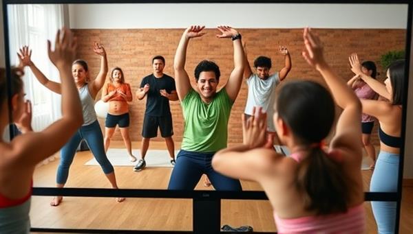 A vibrant and energetic virtual fitness session, with a diverse group of individuals engaging in various exercises guided by a virtual coach on a computer screen, conveying motivation and inclusivity.