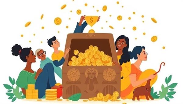 An illustration of diverse individuals from different backgrounds pooling their tiny treasures into a digital investment trove, symbolizing inclusivity and empowerment in the world of micro-investing with TinyTrove.