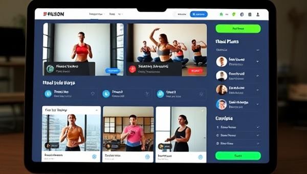 A dynamic digital interface displaying workout videos, meal plans, and progress trackers, with a diverse group of individuals exercising together virtually, conveying motivation and support.