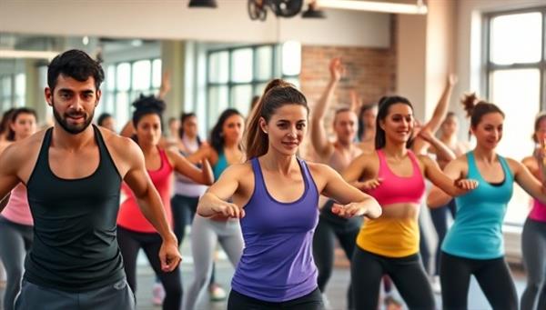 An energetic fitness class scene with a diverse group of participants following a virtual trainer