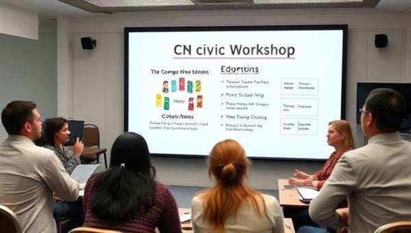 An online workshop setting with a diverse group of participants engaging in lively discussions, with a virtual whiteboard displaying key civic education concepts, encouraging interactive learning and collaboration.