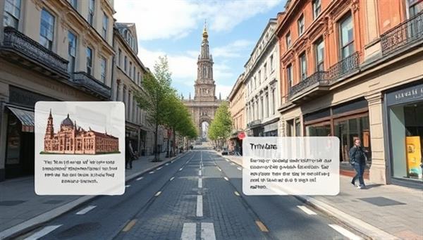 An AR-enhanced view of a city street with digital overlays highlighting historical landmarks and interactive pop-ups offering information and trivia, showcasing the immersive experience of using the AR Wanderlust app for local exploration.
