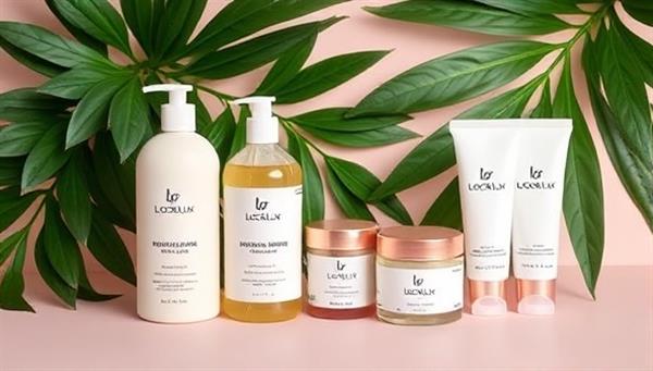 An elegant flat lay image featuring a selection of custom-formulated haircare products from LocksLux, including personalized shampoo bottles, hair masks, and styling creams, arranged against a backdrop of lush green foliage and soft pastel colors, conveying luxury and customization in haircare subscriptions.