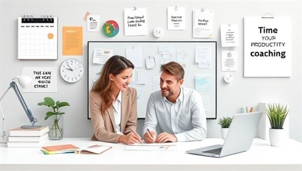 An artistic representation of a virtual productivity coaching session, featuring a coach and a client engaging in a time management exercise through a digital interface, surrounded by productivity tools, calendars, and motivational quotes, fostering a focused and efficient work environment.