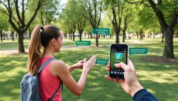 A visual representation of a user interacting with the FitQuest AR app, engaging in augmented reality fitness challenges in a park setting, with virtual obstacles and rewards overlaying the real-world environment, promoting active and immersive workout experiences with the app.