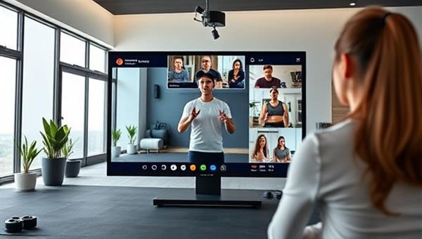 A digital platform displaying a virtual fitness coach leading an interactive workout session with diverse clients in different locations, emphasizing convenience and inclusivity.