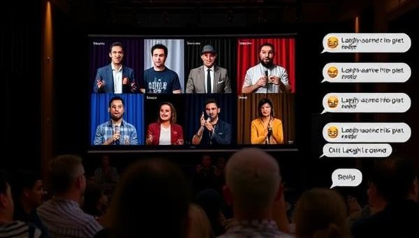 An engaging image of a virtual comedy open mic night with multiple comedians performing live on screen, accompanied by a virtual audience interacting through chat features and emojis, capturing the dynamic and entertaining atmosphere of Laugh Launch