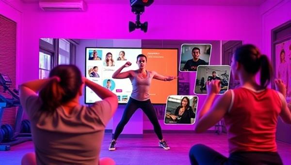 A vibrant and energetic image of a virtual fitness session, showing a trainer leading a workout via video call with participants following along from different locations, conveying energy and motivation.