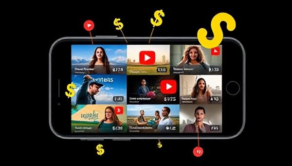 An engaging visual of a smartphone screen displaying a variety of captivating short videos with colorful play buttons and views counters, surrounded by dollar signs and revenue-sharing indicators, symbolizing the monetization potential of short-form video content on the platform.