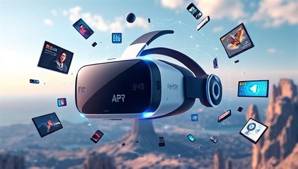 A futuristic VR headset surrounded by floating digital ad elements and a virtual landscape, illustrating the immersive and cutting-edge nature of VR advertising experiences.