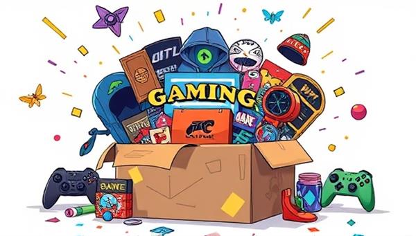 An eye-catching illustration of a subscription box overflowing with gaming merchandise, featuring a mix of apparel, accessories, and collectibles themed around popular game franchises, with vibrant colors and exciting designs.