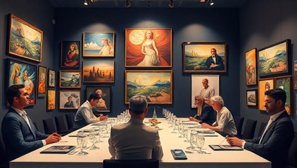 An elegant and sophisticated visual representation of a virtual art auction event, showcasing diverse artworks, bidding paddles, and art enthusiasts engaging in online bidding, creating an atmosphere of creativity, culture, and elegance in the digital art world.
