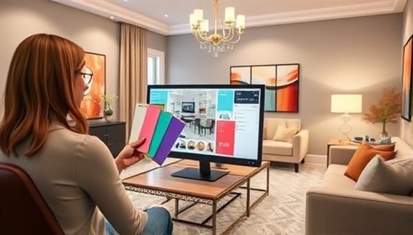 An immersive digital room rendering showcasing a virtual design consultation session, with a designer presenting color swatches, furniture placements, and decor ideas on a computer screen, illustrating the transformative power of virtual interior design services.