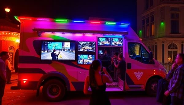 A vibrant and dynamic image of a mobile gaming truck parked at a party venue, with colorful LED lights, gaming screens visible through the windows, and excited participants enjoying multiplayer games together.