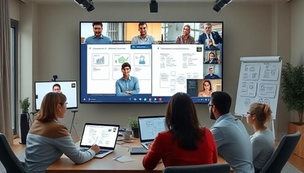A virtual meeting scene with diverse team members collaborating seamlessly through video conferencing, shared digital whiteboards, and project management tools, highlighting the efficiency and teamwork in remote work environments.