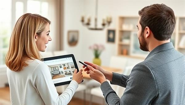 An engaging virtual consultation session where a designer is showcasing renovation ideas on a digital tablet while the client looks excited and inspired by the proposed designs, creating a dynamic and interactive virtual renovation experience.