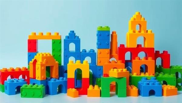 A colorful and vibrant display of recycled plastic building blocks arranged in various structures, illustrating the versatility and creativity of eco-friendly construction materials.
