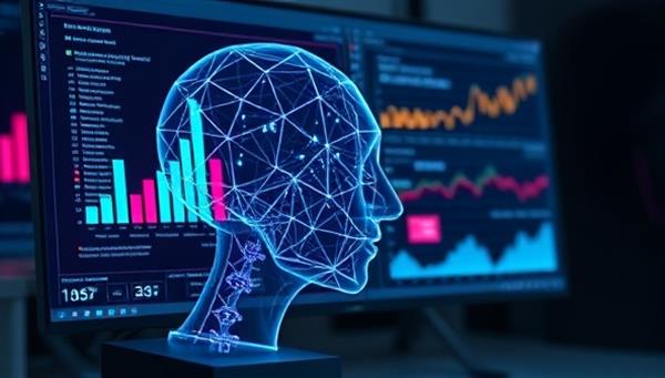 An AI algorithm in action, analyzing real estate data points, generating predictive insights, and highlighting potential leads on a computer screen, illustrating the advanced capabilities of LeadsGenius AI for efficient lead generation in the real estate industry.