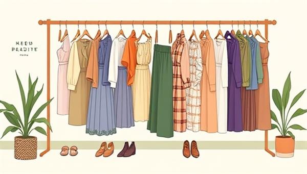 An elegant digital illustration of a sustainable fashion rental platform, featuring a diverse collection of stylish clothing items and accessories available for rent, displayed on a virtual wardrobe rack with eco-conscious branding and messaging, promoting a sustainable and fashionable lifestyle.
