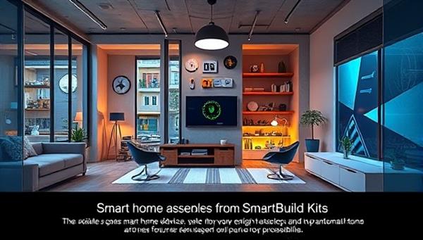 An engaging visual displaying a variety of smart home devices assembled from SmartBuild Kits, showcasing a futuristic home environment with interconnected gadgets and personalized automation features, illustrating the endless possibilities of DIY smart technology.