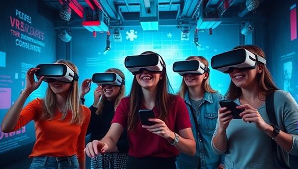 An artistic representation of a group of friends wearing VR headsets, interacting with virtual puzzles and clues in a futuristic and visually captivating escape room setting, highlighting the engaging nature of VR Quest Escapes.