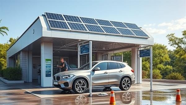 A sleek, eco-friendly car wash facility with solar panels on the roof, showcasing a shiny, clean car being washed with biodegradable products and surrounded by lush greenery, highlighting sustainability and cleanliness.