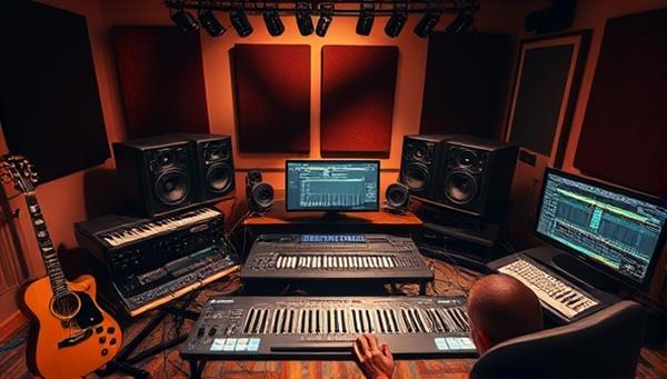 A dynamic virtual music production studio setup with a producer creating beats on a digital audio workstation, surrounded by musical instruments, headphones, and music production gear, capturing the essence of creativity and innovation in music production.