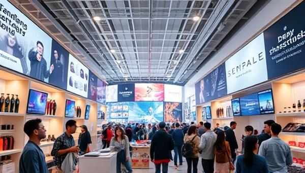 A modern retail space filled with cutting-edge technology and interactive displays showcasing products and brand-sponsored content, surrounded by a bustling crowd of shoppers exploring the immersive shopping experience, highlighting the fusion of retail innovation and advertising creativity.