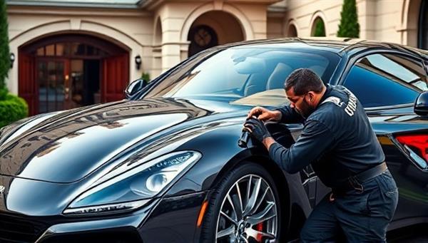 A sleek, high-end luxury car being meticulously detailed by a technician using premium cleaning products and tools, with a backdrop of a luxurious setting such as a mansion driveway or upscale urban location, reflecting the exclusive and premium nature of the service.