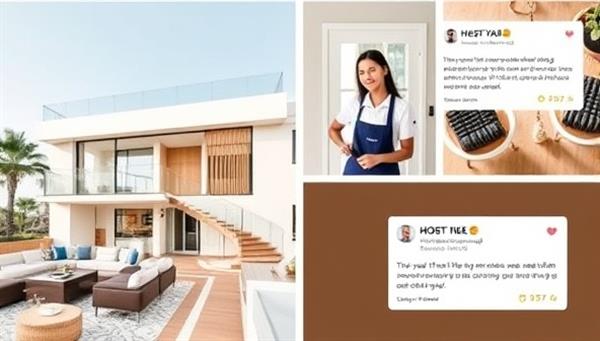 A visually appealing collage showcasing a beautifully designed Airbnb property, a cleaning staff member in action, a guest enjoying their stay, and a host receiving positive reviews, capturing the essence of seamless Airbnb property management.