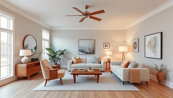 An AR visualization of a bare property room transformed into a stylish living space with virtual furniture, decor accents, and lighting adjustments, showcasing the transformative power of AR property staging for immersive design experiences.