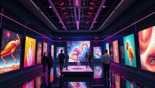 A futuristic digital gallery display featuring a collection of vibrant and unique digital art pieces represented as NFTs, surrounded by virtual art enthusiasts exploring the virtual exhibition, emphasizing the innovative and exclusive nature of the ArtChain NFT marketplace.