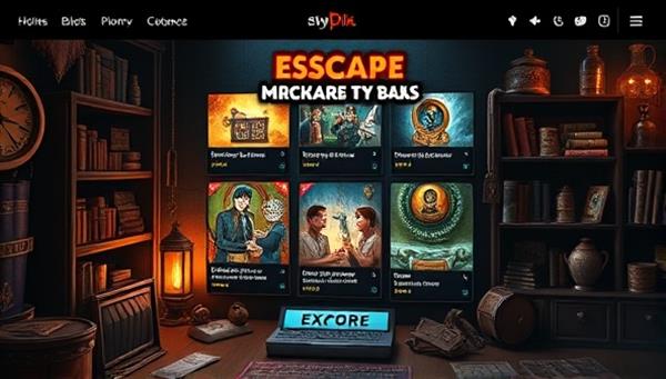 An immersive visual showcasing a digital marketplace interface with a variety of intricate escape room puzzles and scenarios listed for sale or exchange, surrounded by creative design elements and mysterious clues, inviting users to explore and discover new adventures within the platform.