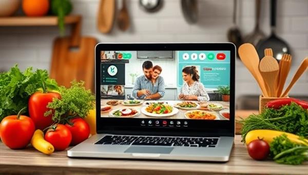 A vibrant kitchen scene with fresh ingredients, cooking utensils, and a laptop displaying a live cooking class, showcasing a fun and interactive culinary experience.