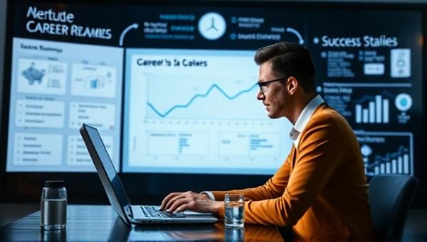 A motivating visual of a virtual mentor providing guidance to a mentee in a digital environment, with virtual whiteboards, career roadmaps, and success stories displayed in the background, symbolizing growth, learning, and mentorship in the accounting industry.