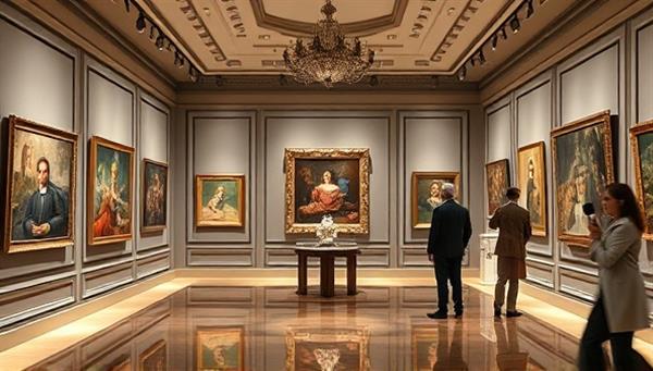 An elegant visual of a virtual art gallery with exquisite artworks displayed on digital walls, interactive artist biographies, and a virtual auction room with bidding paddles and art connoisseurs admiring the masterpieces, conveying sophistication and art appreciation.