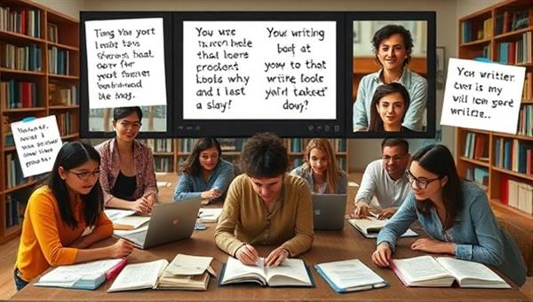 An online workshop setting with a diverse group of participants engaged in a virtual writing session, with digital notepads, inspirational quotes, and a virtual library backdrop, fostering a sense of creativity and community among writers.