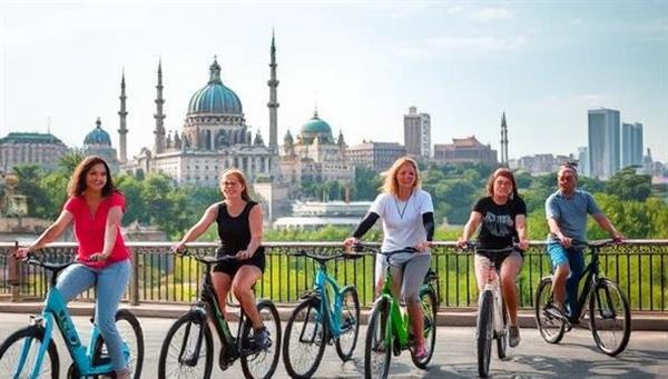 A captivating visual showcasing a group of diverse riders on electric bikes, led by a knowledgeable guide, exploring iconic city landmarks and scenic routes, capturing the essence of sustainable tourism and personalized travel experiences with EcoTour Glide.