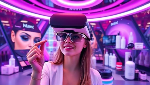 An immersive virtual reality beauty experience showcasing a user trying on virtual makeup, hairstyling options, and skincare products in a futuristic and captivating virtual environment, portraying the interactive and engaging nature of VR Beauty Haven.